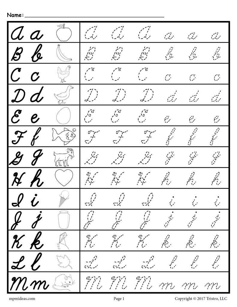Free Printable Cursive Alphabet Chart Cursive Uppercase and Lowercase Letter Tracing Worksheets
