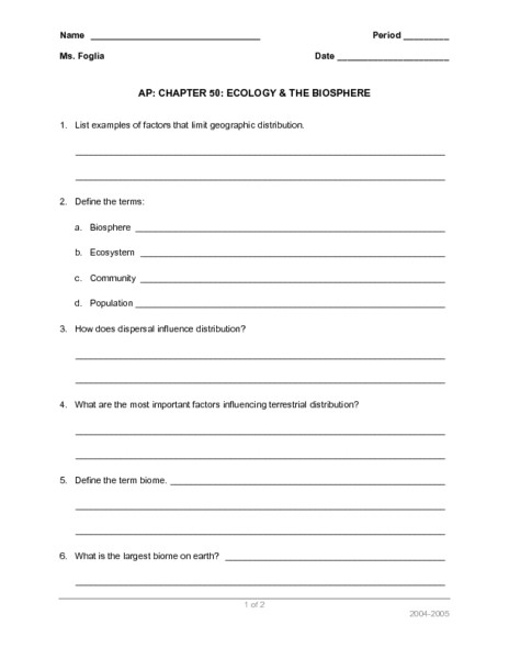 Free Printable Ecosystem Worksheets Ecology and the Biosphere Worksheet for 7th 12th Grade