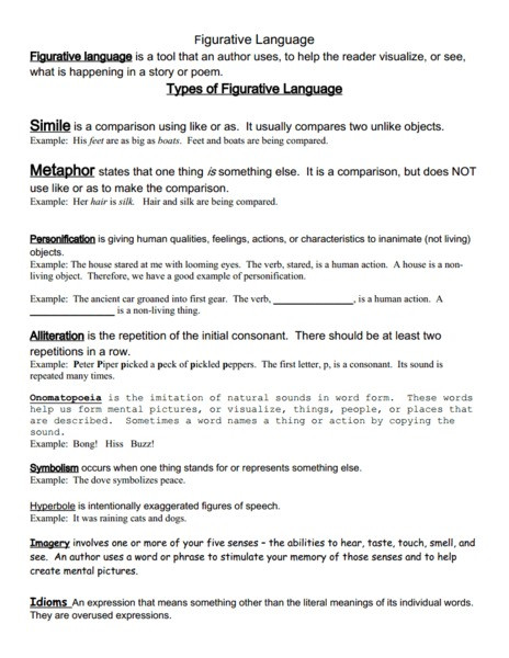Free Printable Figurative Language Worksheets Figurative Language Packet Handouts &amp; Reference for 6th