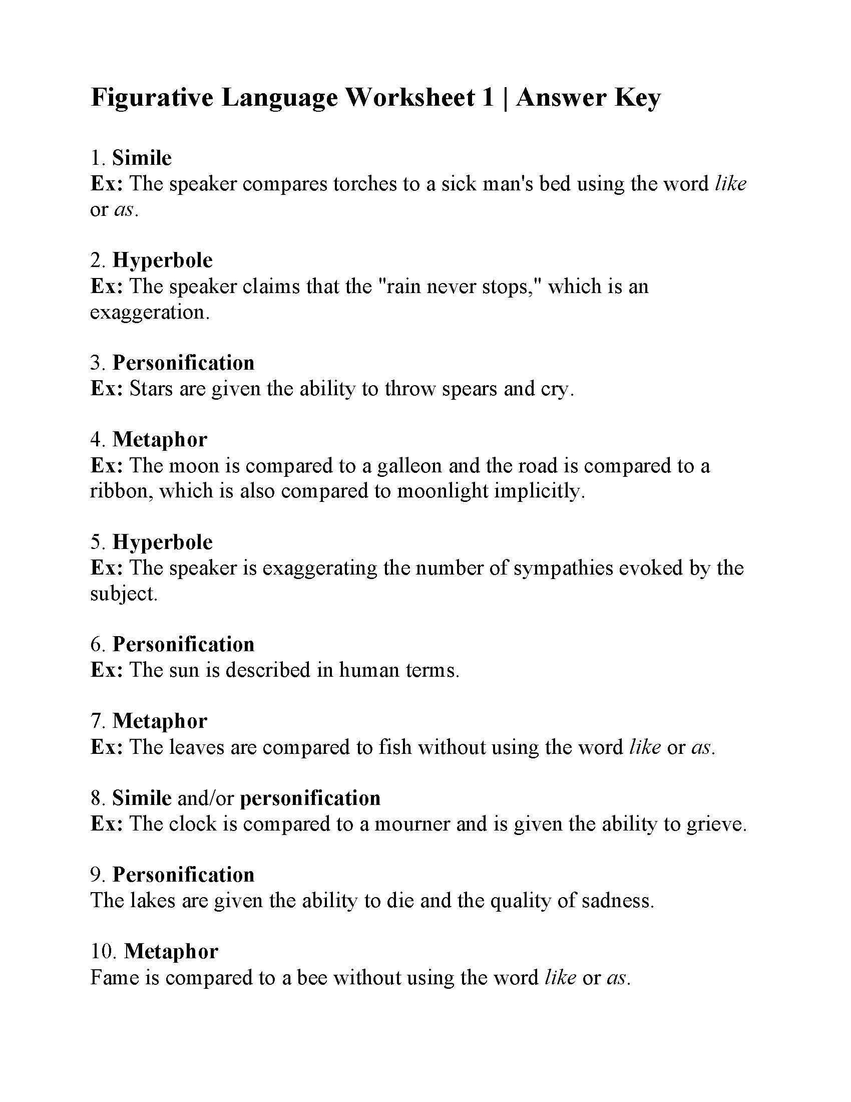 Free Printable Figurative Language Worksheets Figurative Language Worksheet 1