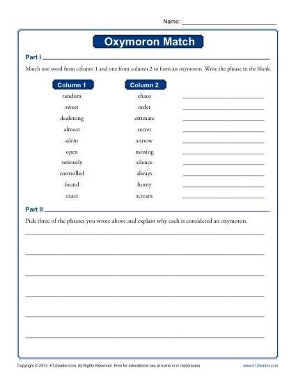 Free Printable Figurative Language Worksheets Oxymoron Match Free Printable Worksheet Activity