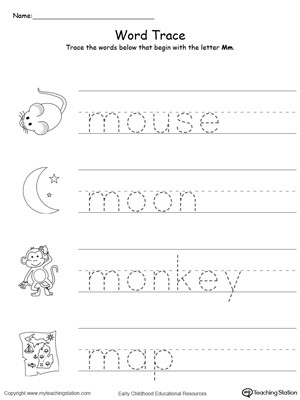 Free Printable Letter M Worksheets Trace Words that Begin with Letter sound M
