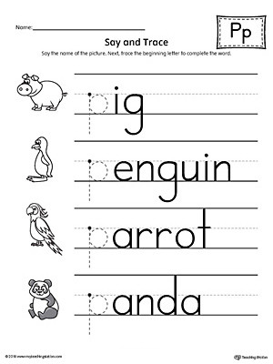 Free Printable Letter P Worksheets Say and Trace Letter P Beginning sound Words Worksheet