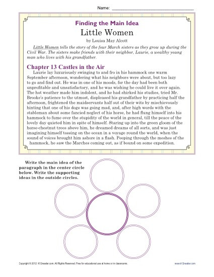 Free Printable Main Idea Worksheets Middle School Main Idea Worksheet About the Book Little Women