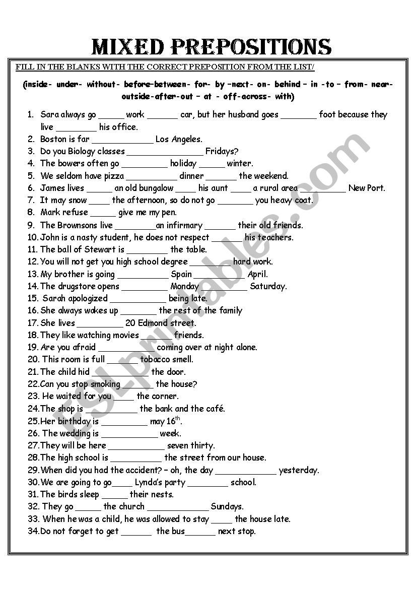 Free Printable Preposition Worksheets Mixed Prepositions Worksheet Esl Worksheet by Alfred78