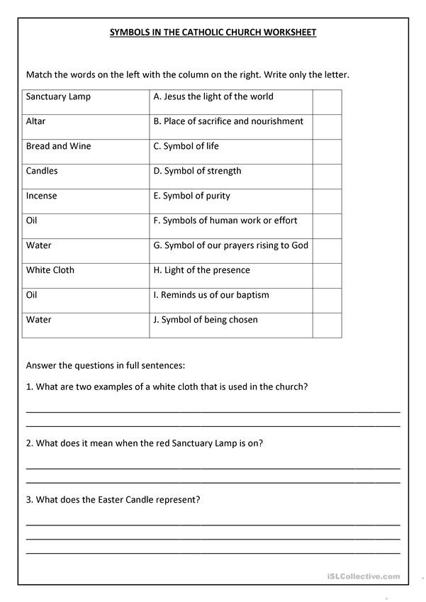 Free Printable Religious Worksheets Symbols In the Catholic Church English Esl Worksheets for