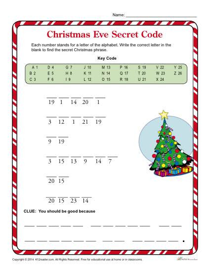 Free Printable Secret Code Worksheets Christmas Eve Secret Code