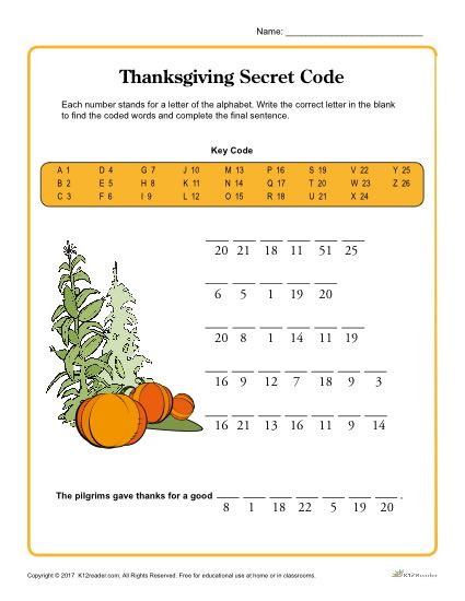 Free Printable Secret Code Worksheets Thanksgiving Worksheet Activity
