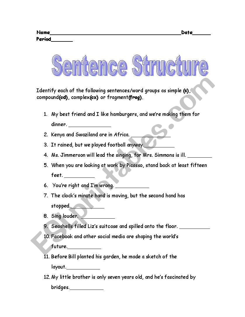 Free Printable Sentence Structure Worksheets English Worksheets Sentence Structure
