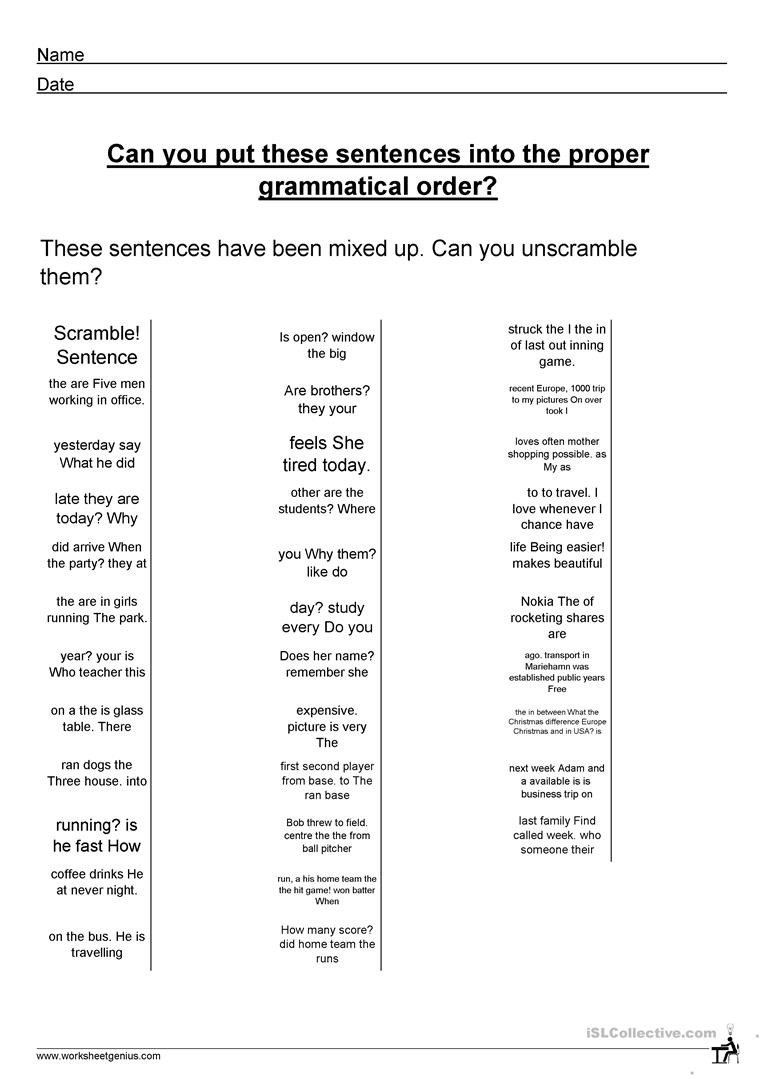 Free Printable Sentence Structure Worksheets Sentence Structure English Esl Worksheets for Distance