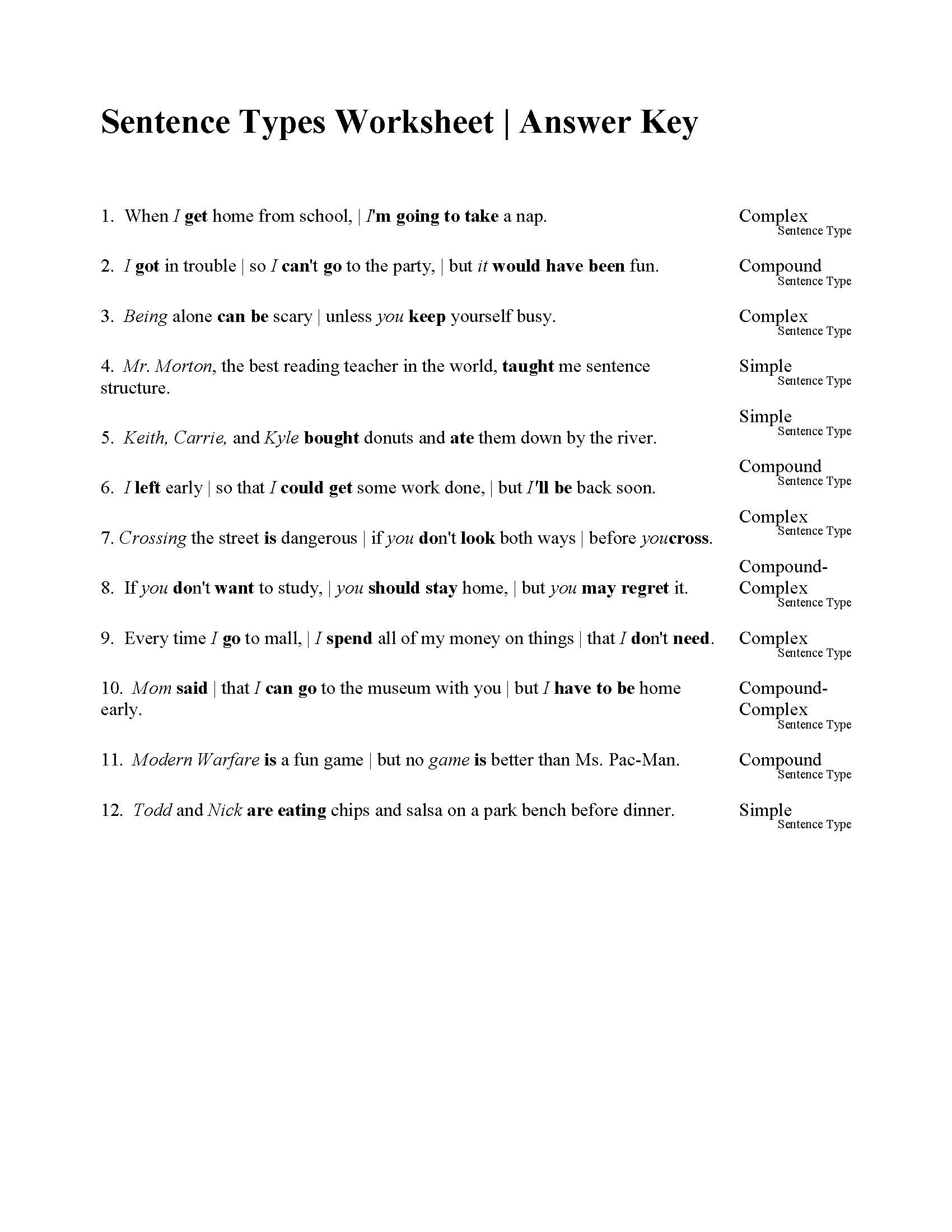 Free Printable Sentence Structure Worksheets Sentences Types Worksheet