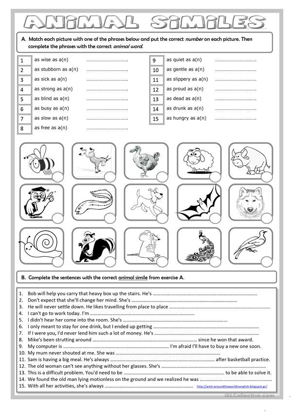 Free Printable Simile Worksheets Animal Similes English Esl Worksheets for Distance