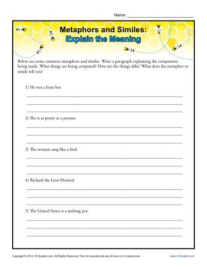Free Printable Simile Worksheets Metaphors and Similes Explain the Meaning
