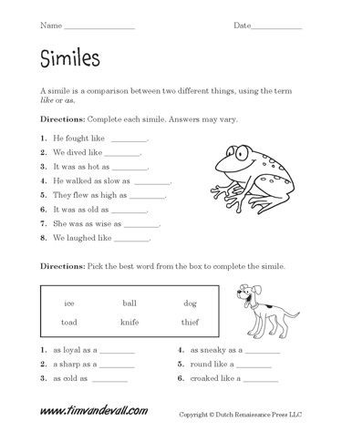 Free Printable Simile Worksheets Printable Simile Worksheets