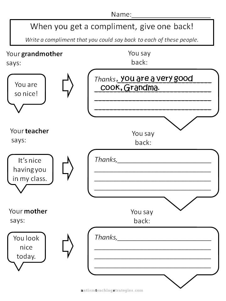 Free Printable social Skills Worksheets Helping Kids with asperger S to Give Pliments Worksheets