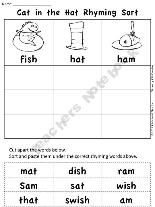 Free Rhyming Worksheets for Kindergarten Free Cat In the Hat Rhyming Word sort