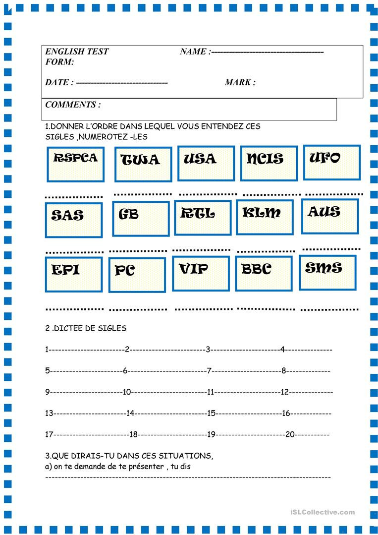 French Printable Worksheets Basic Test with French Instructions Greetings Alphabet