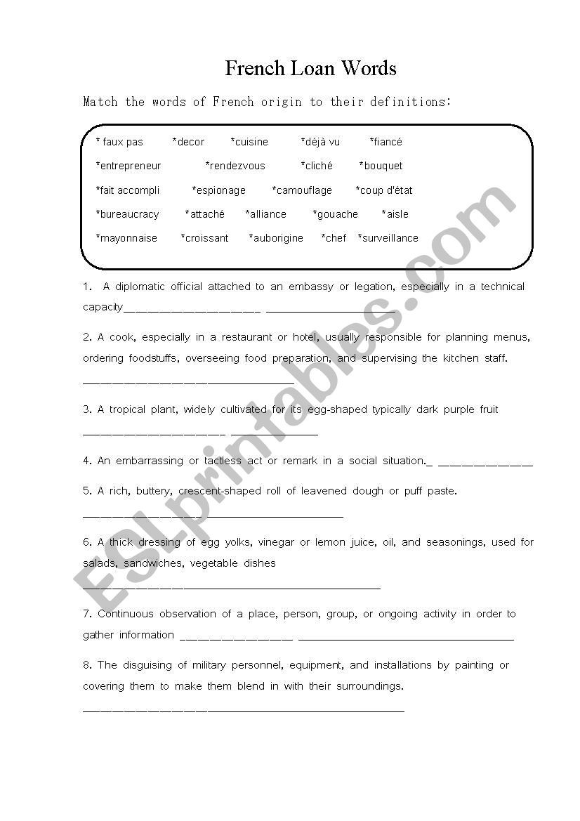 French Printable Worksheets French Loan Words Esl Worksheet by Johnny the Great
