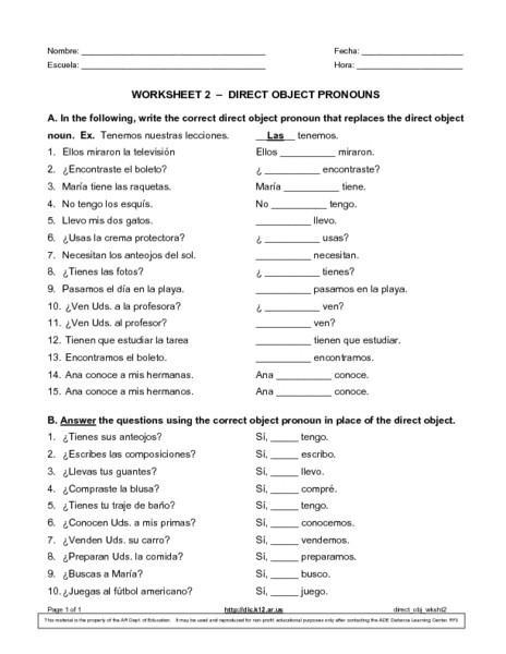French Printable Worksheets Worksheet Direct Object Pronouns for 7th 9th Grade French