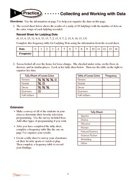 Frequency Table Worksheets 3rd Grade Collecting and Working with Data Worksheet for 3rd 6th