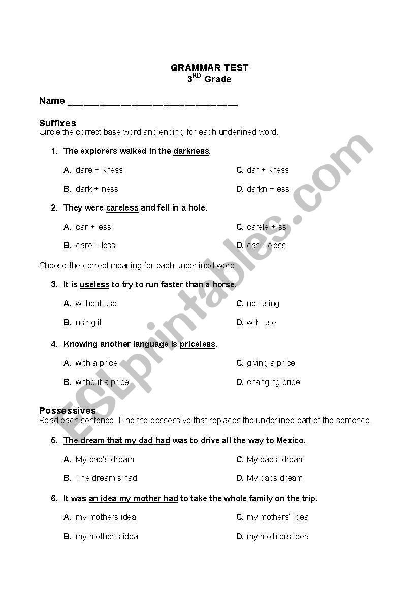 Grammar Worksheets 3rd Graders English Worksheets 3rd Grade Grammar Test