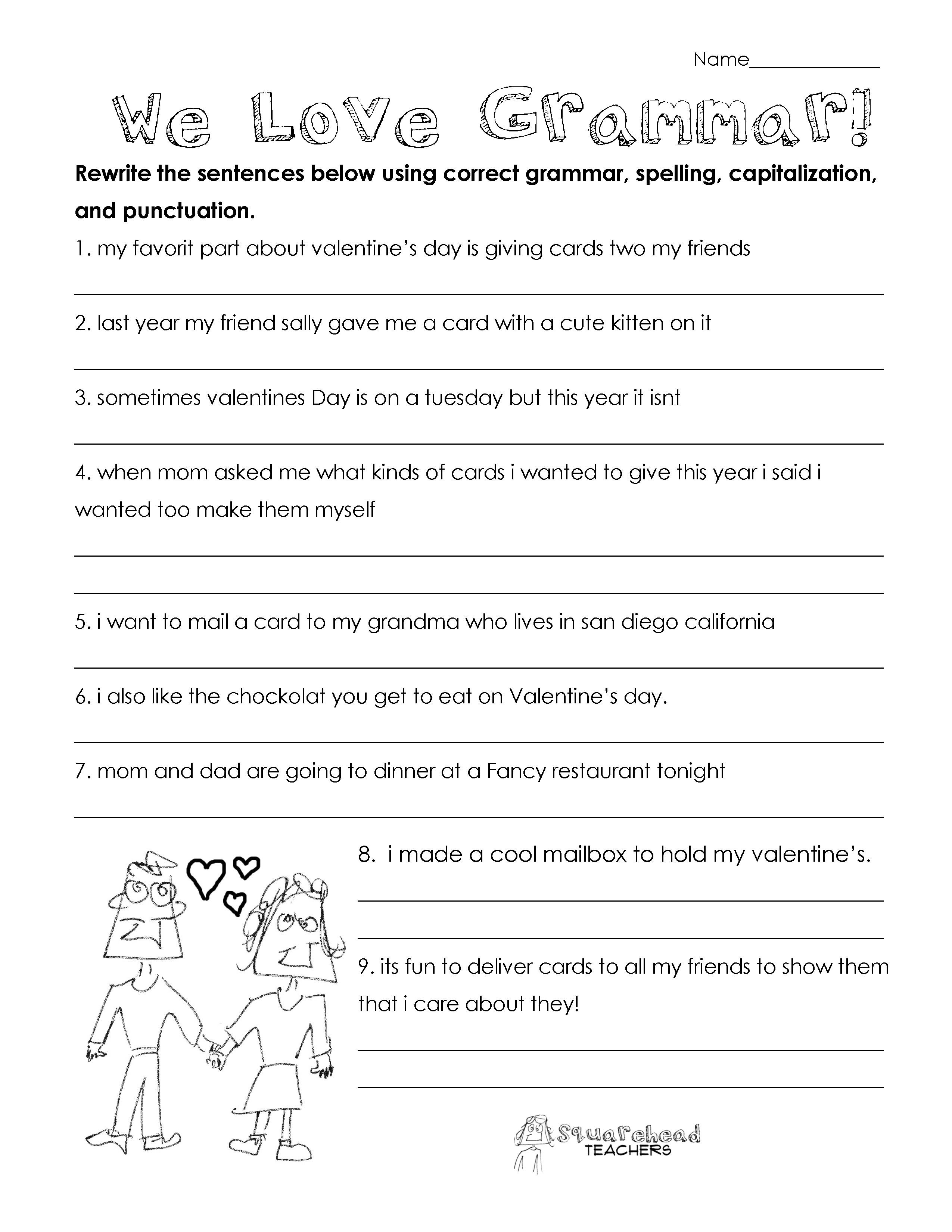 Grammar Worksheets for 3rd Grade Valentine S Day Grammar Free Worksheet for 3rd Grade and Up