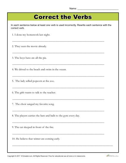 Grammar Worksheets for 8th Graders Correct the Verbs