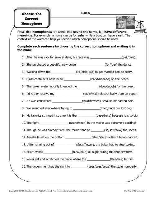 Homophone Worksheet 4th Grade Choose the Correct Homophones