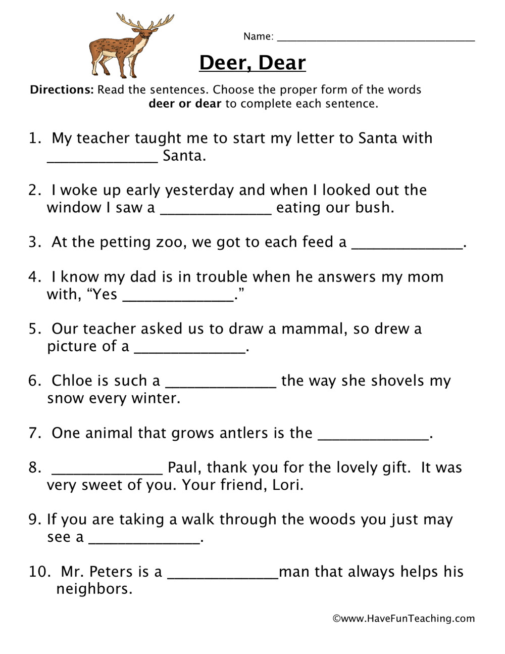 Homophone Worksheet 4th Grade Deer Dear Homophones Worksheet
