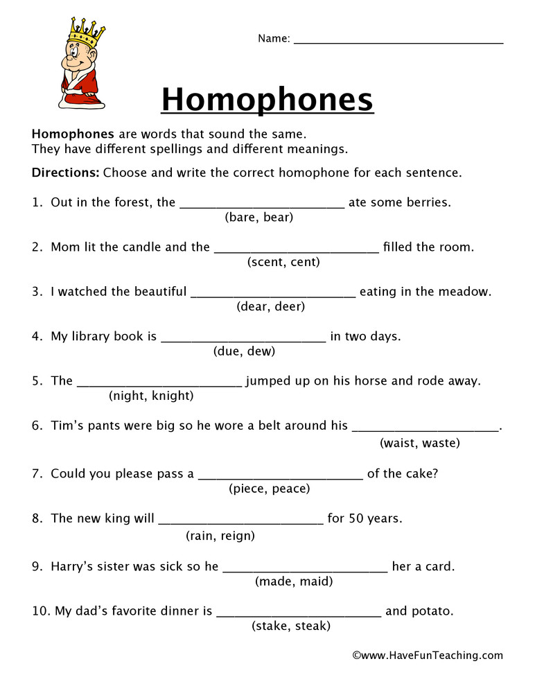 Homophone Worksheet 4th Grade Homophones Fill In the Blank Worksheet