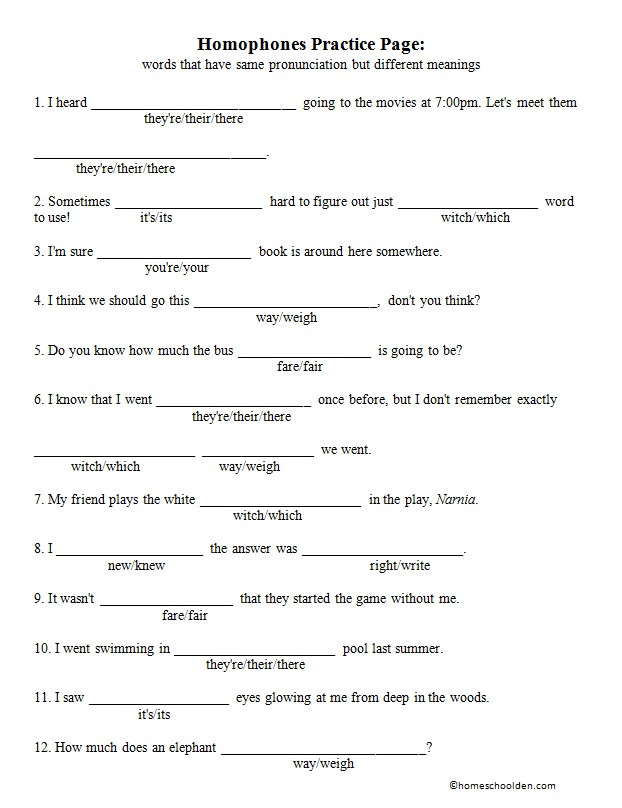 Homophones Worksheet 6th Grade Homophones Practice Page