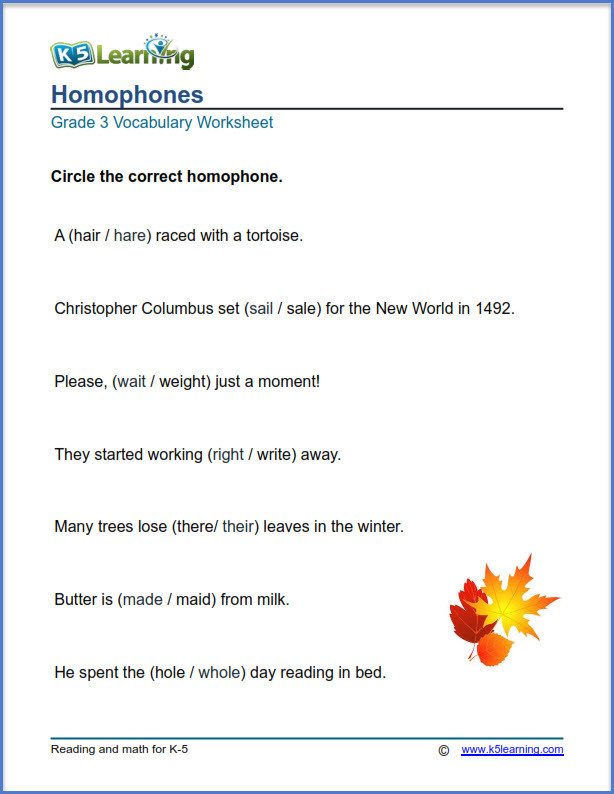 Homophones Worksheets for Grade 2 Grade 3 Vocabulary Worksheets – Printable and organized by