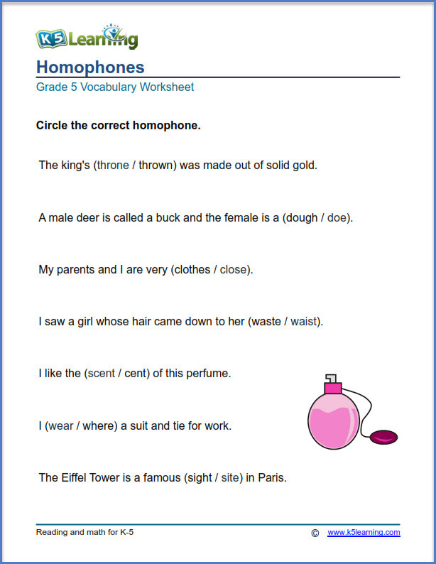 Homophones Worksheets for Grade 5 Grade 5 Vocabulary Worksheets – Printable and organized by