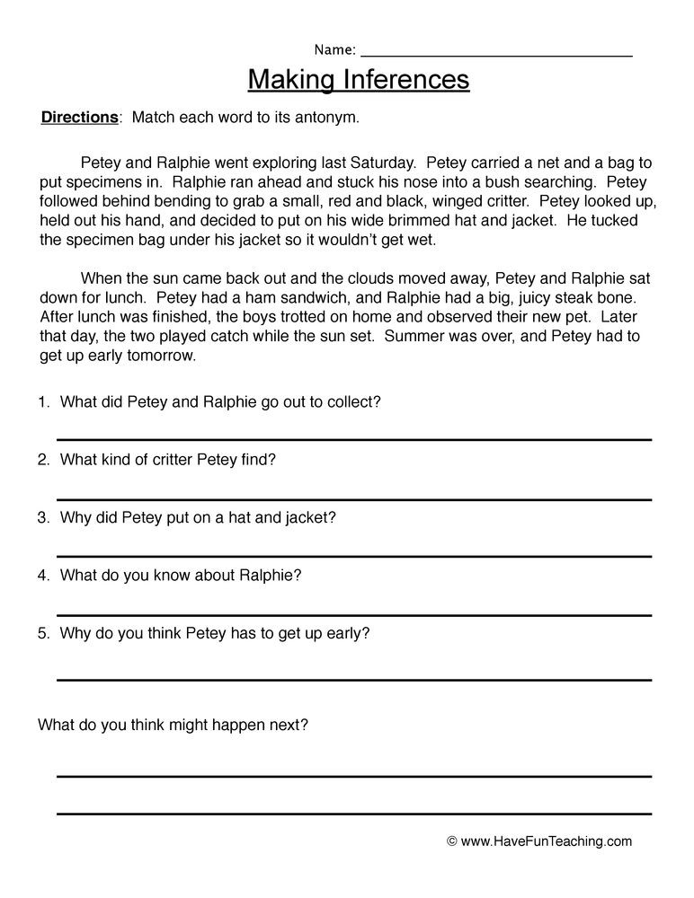 Inference Worksheets 4th Grade Reading Inferences Worksheet