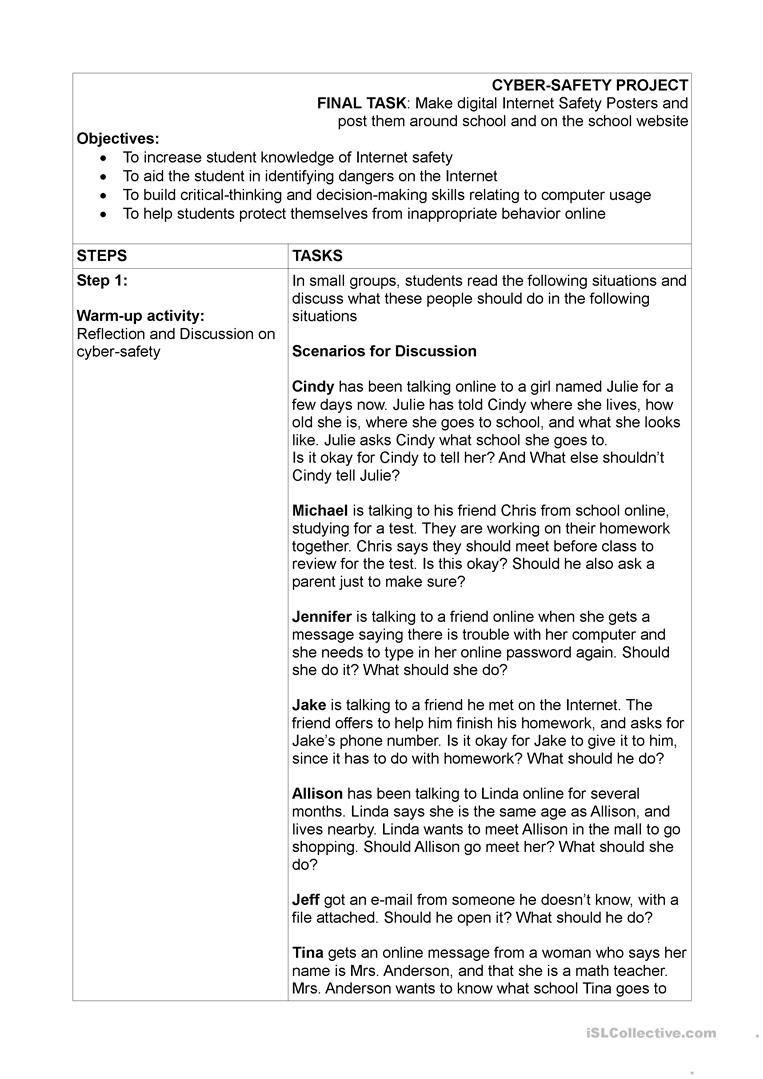 Internet Safety Worksheets Printable Cybersafety Project English Esl Worksheets for Distance
