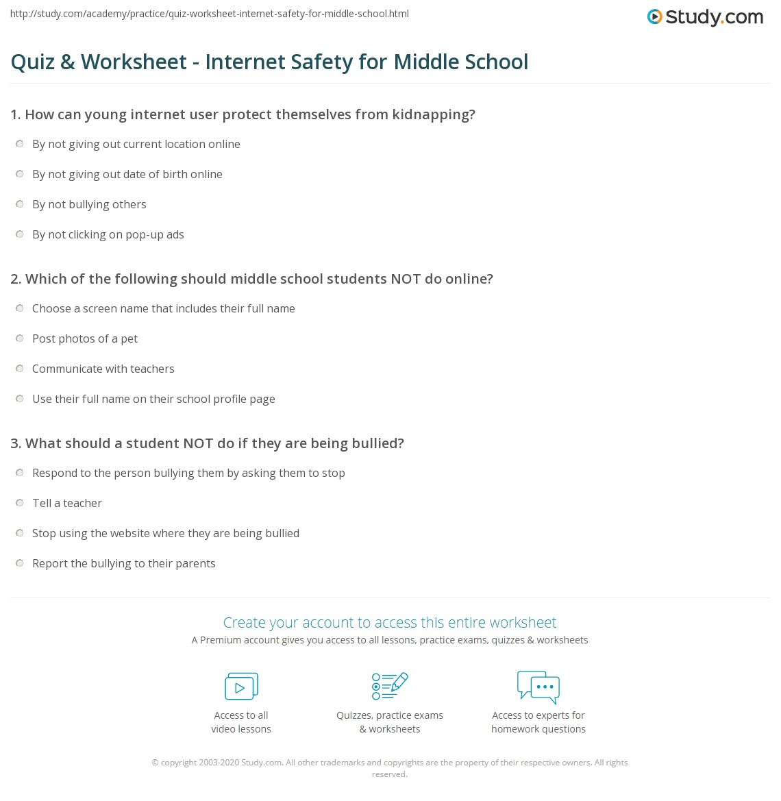 Internet Safety Worksheets Printable Quiz &amp; Worksheet Internet Safety for Middle School