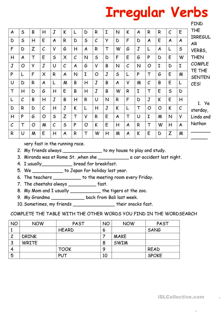 Irregular Verbs Worksheet 2nd Grade Irregular Verb Wordsearch English Esl Worksheets for