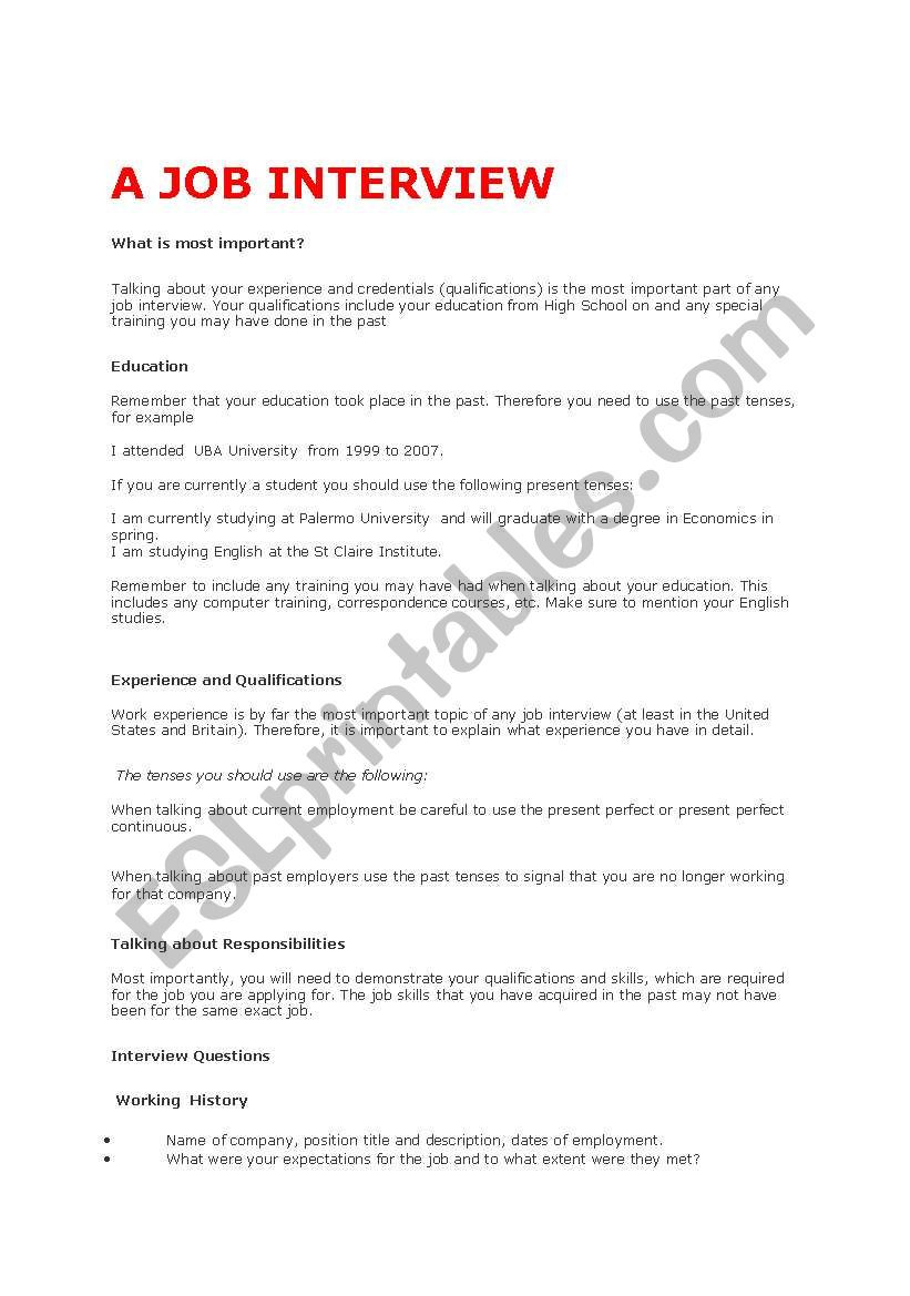 Job Readiness Printable Worksheets A Job Interview Esl Worksheet by Silpont