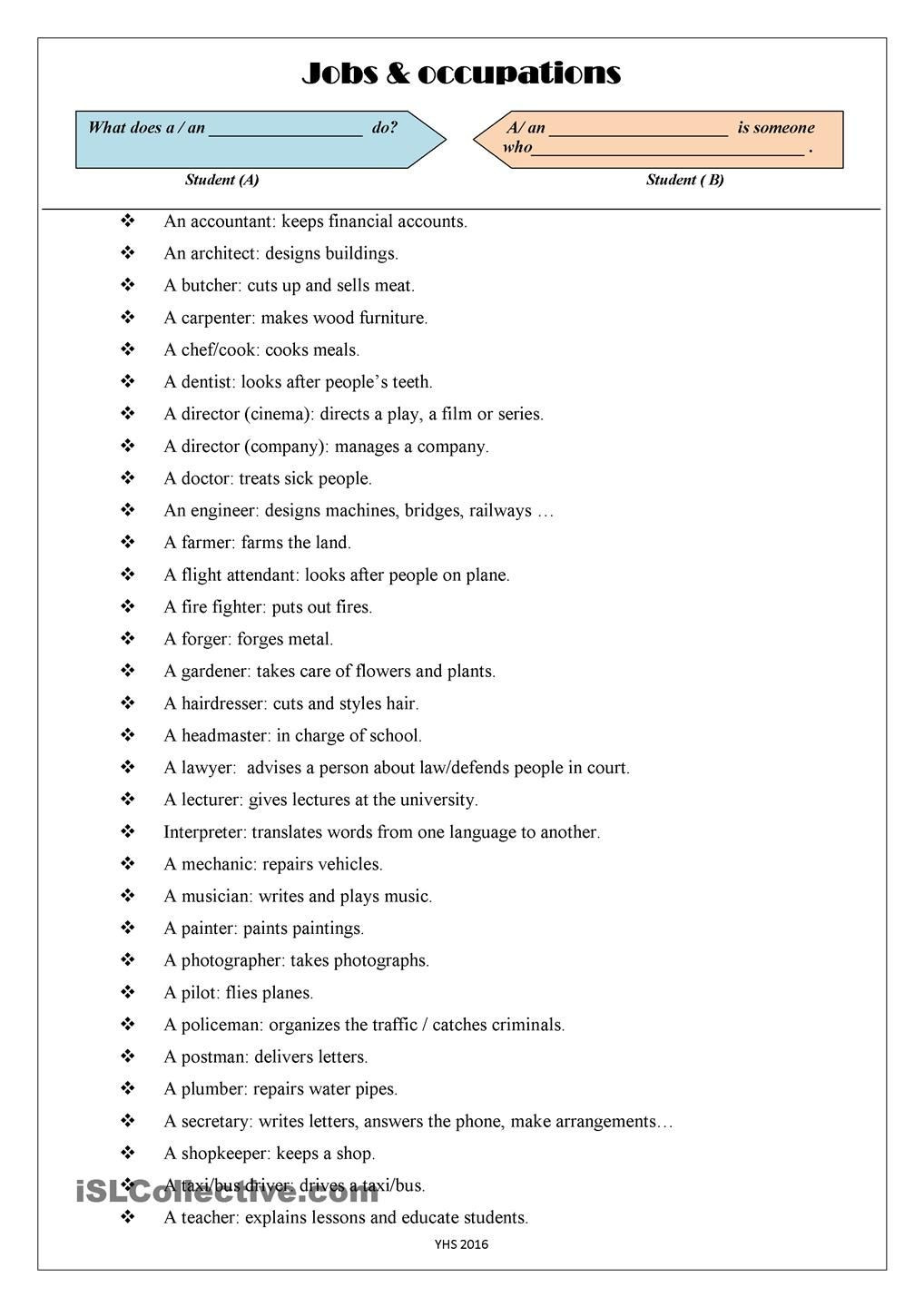 Job Readiness Printable Worksheets Jobs and Occupations List