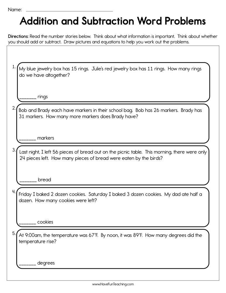 Kindergarten Addition Word Problems Worksheets Addition and Subtraction Word Problems Worksheet
