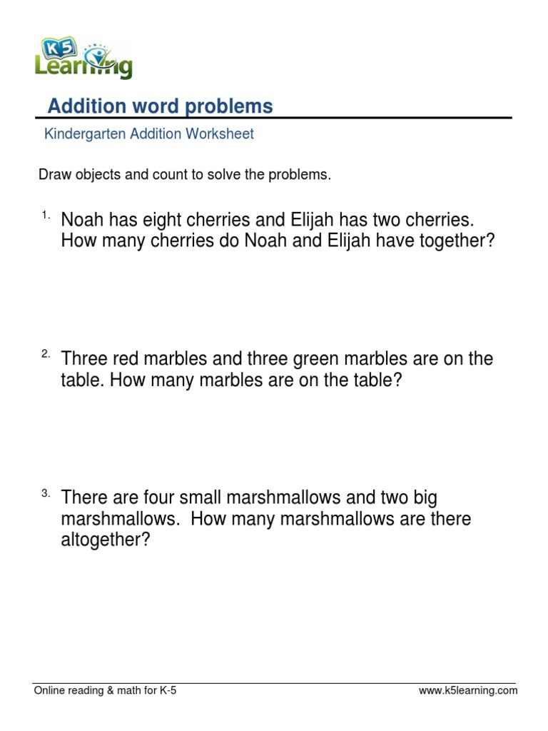 Kindergarten Addition Word Problems Worksheets Addition Word Problems A