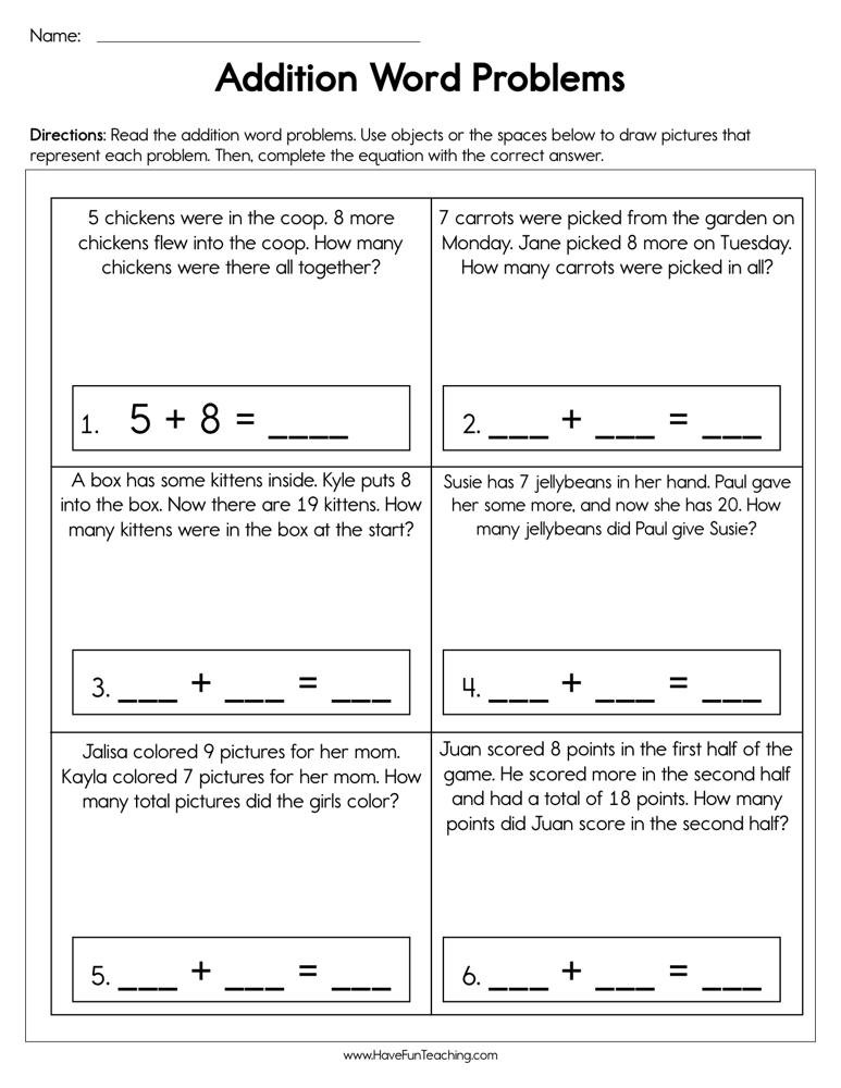 Kindergarten Addition Word Problems Worksheets Addition Word Problems Worksheet