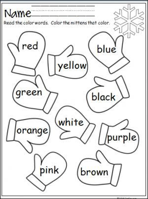 Kindergarten Color Words Worksheets Mitten Color Words Printable
