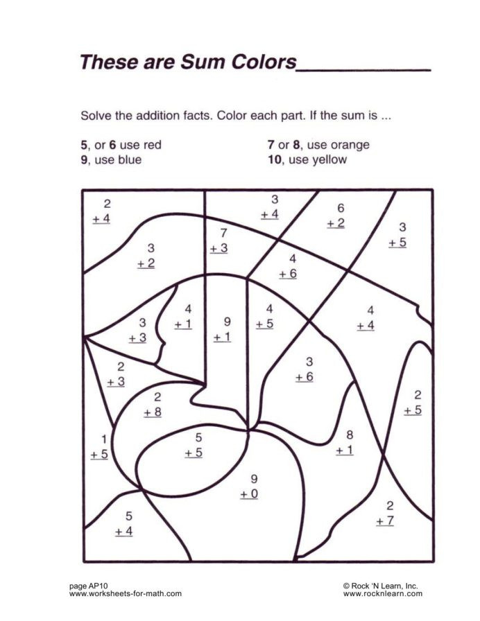 Kindergarten Measurement Worksheets solve the Addition Facts and then Color Each Part This