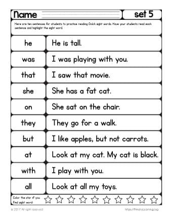 Kindergarten Reading Worksheets Sight Words Sight Words Reading Practice List 5