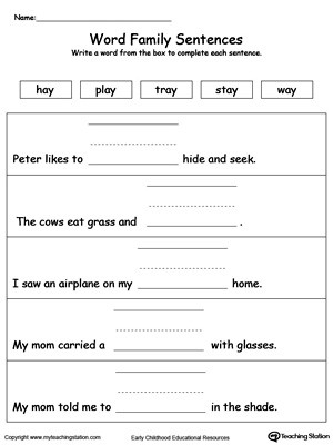 Kindergarten Sentence Writing Practice Worksheets Build A Sentence Ay Word Family