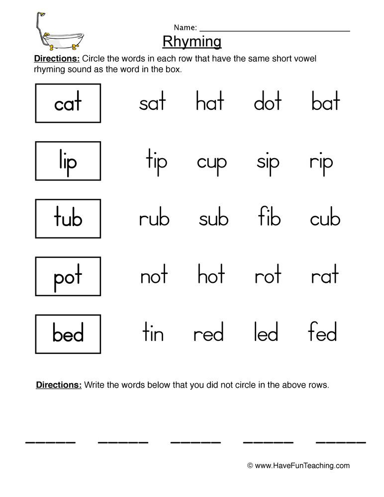 Kindergarten Three Letter Words Worksheets Rhyming Worksheet 1