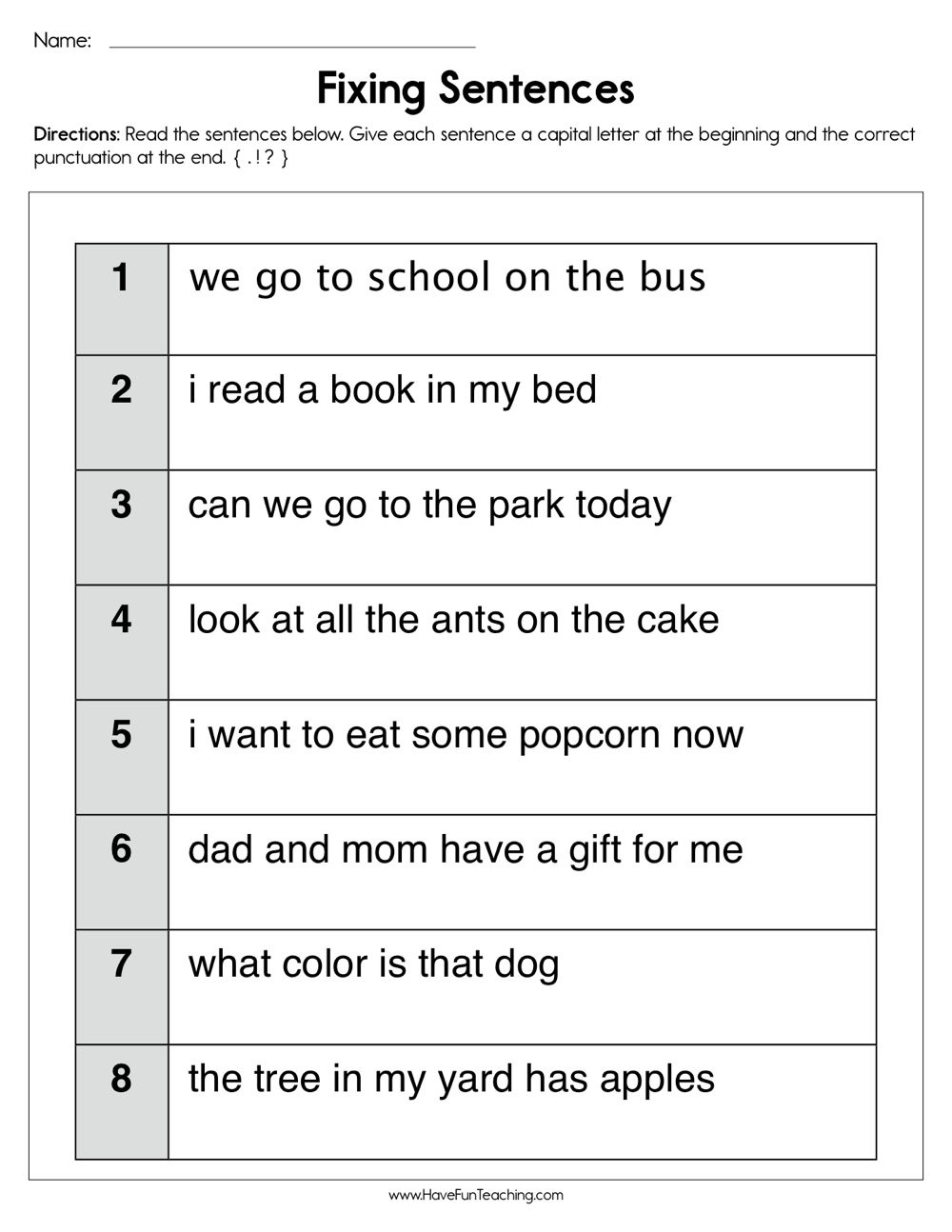 Kindergarten Writing Sentences Worksheets Fixing Sentences Worksheet