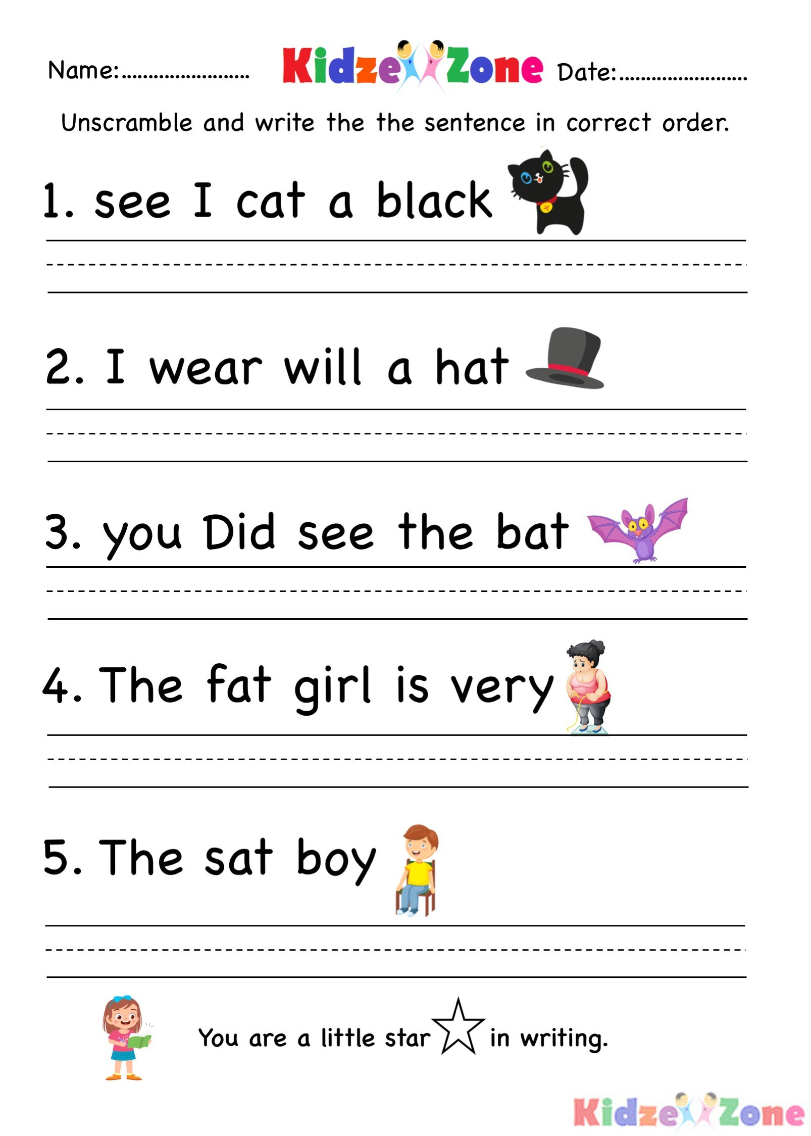 Kindergarten Writing Sentences Worksheets Kindergarten Worksheets at Word Family Unscramble Words
