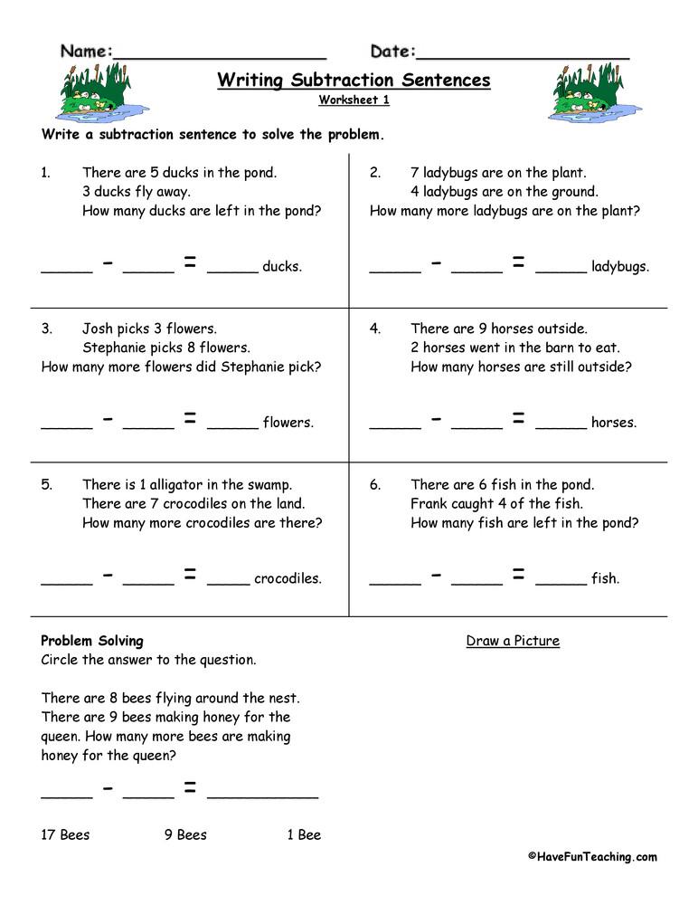 Kindergarten Writing Sentences Worksheets Writing Subtraction Sentences Worksheets